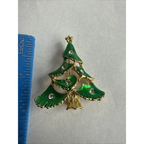 GREEN CHRISTMAS TREE CLEAR CRYSTAL BROOCH MADE IN CZECH BOHEMIAN - Picture 2 of 5